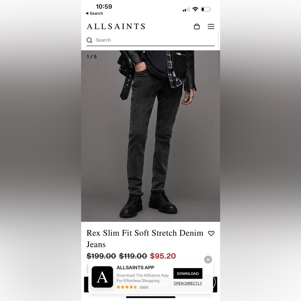 All Saints - Rex Mens Jeans in BLACK/GRAY